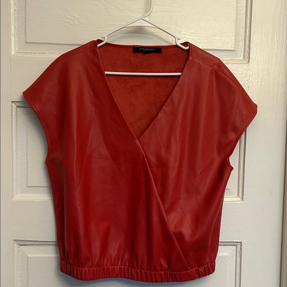 Marc New York Rose Wrap V-Neck top. Faux leather.
